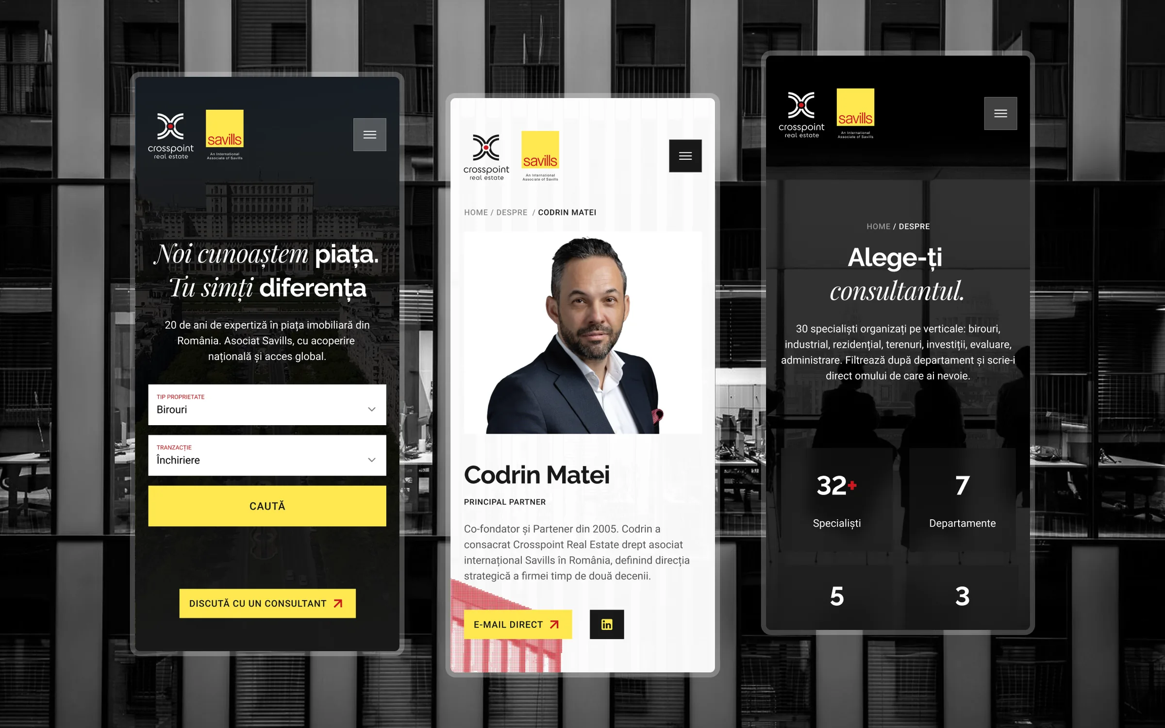 Trei ecrane crosspoint.com.ro pe mobil: pagina principală, profilul unui consultant și pagina echipei