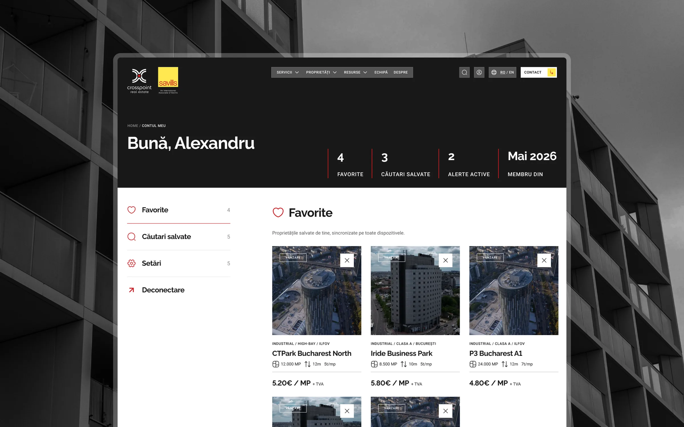 Contul de membru: proprietăți favorite, căutări salvate și alerte active